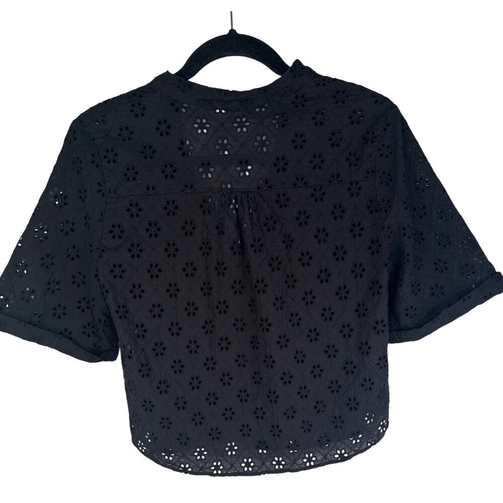 2/$30 ZARA Small Black Eyelet Button-Down Cropped Blouse Short Sleeve - Picture 3 of 14